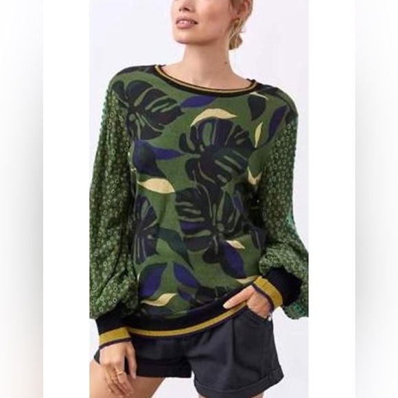 Anthropologie X Bl^nk London | Monstera Knit Top w. Billowy Eyelet Sleeves Small - Picture 1 of 9